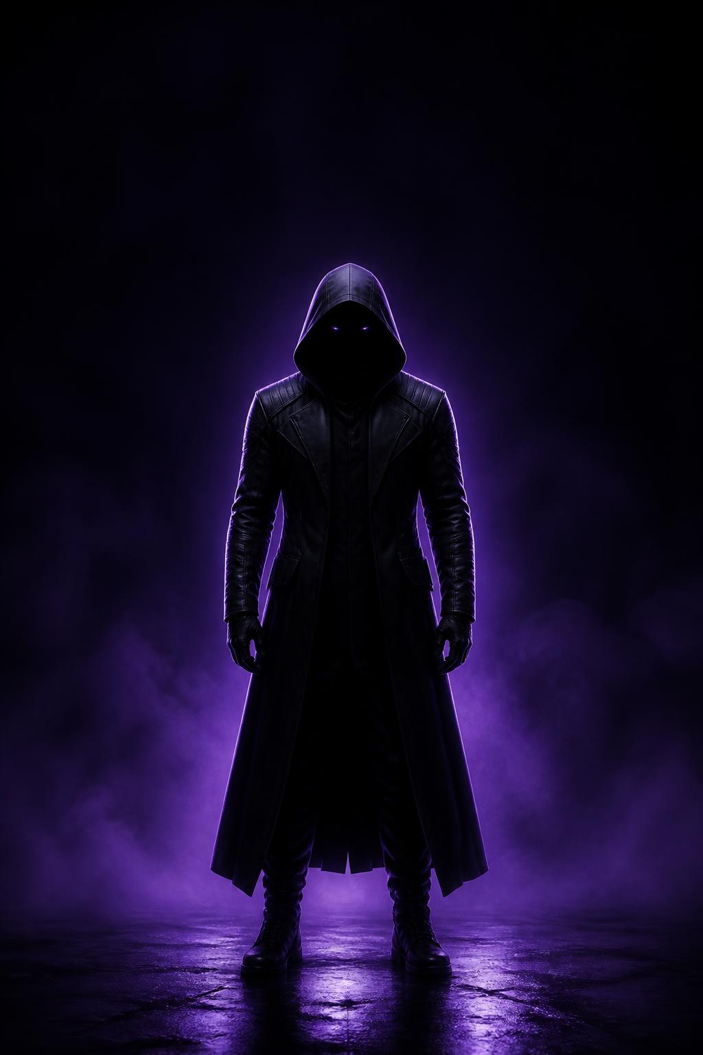 Figura encapuzada em uma atmosfera violeta